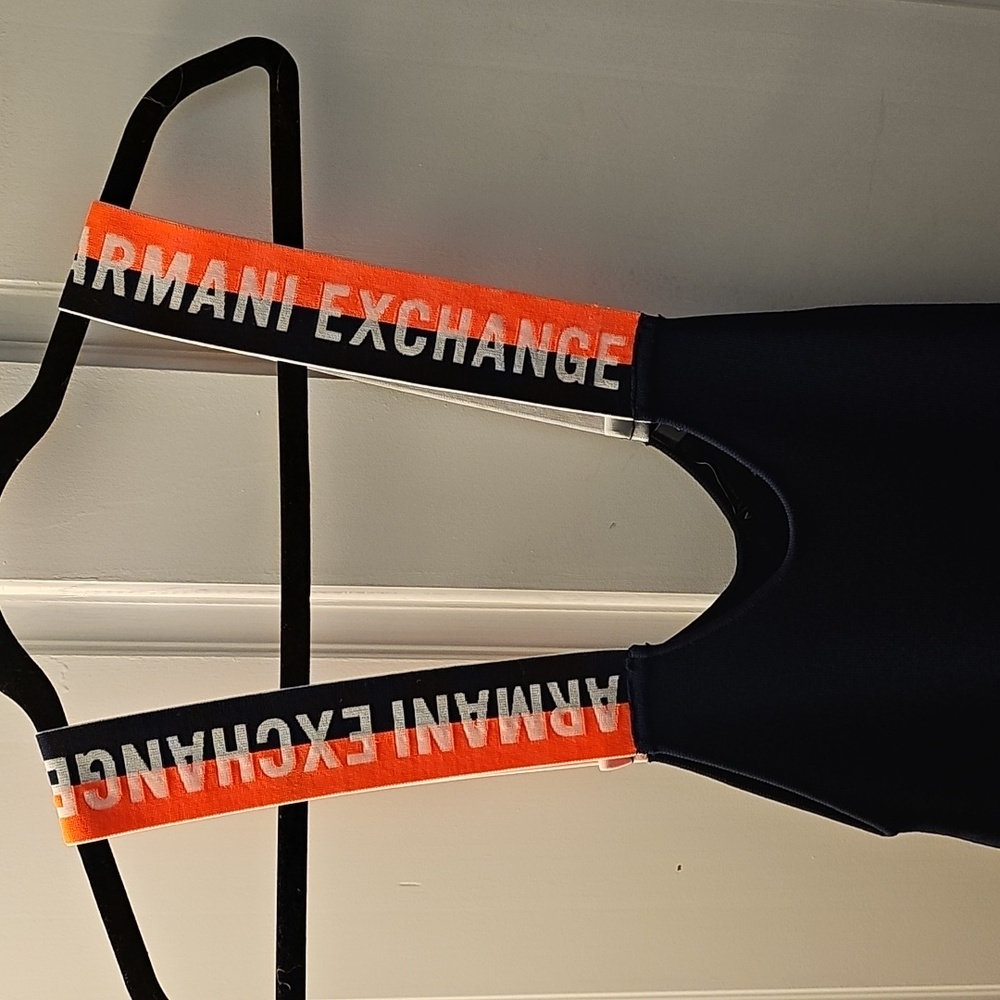 A | X ARMANI EXCHANGE NAVY BLUE STRETCHY DRESS WITH ORANGE NEON STRAPS LOGO NWOT - Picture 11 of 16